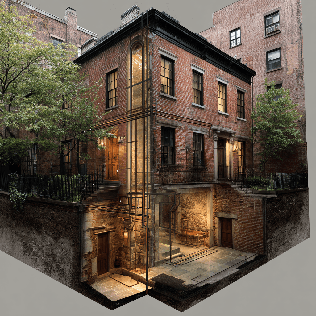 Cross-section of 24 Middagh revealing 150-year-old clay drain stack, hand-fitted cast iron joints, and original brick interior walls