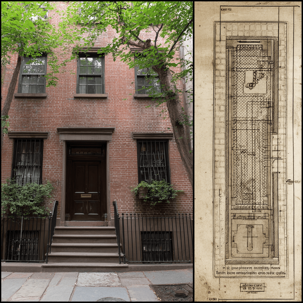 Basement level plumbing infrastructure showing Civil War-era clay sewer lateral connecting to city main beneath historic district sidewalk