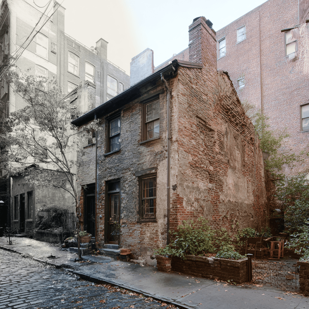 Interior renovation detail with modern copper supply lines routed through original wood-frame structure, preserving landmarked exterior vent penetrations