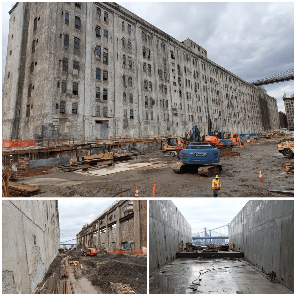 Empire Stores warehouse exterior during renovation with excavation revealing waterfront foundation walls and heavy machinery on muddy construction site