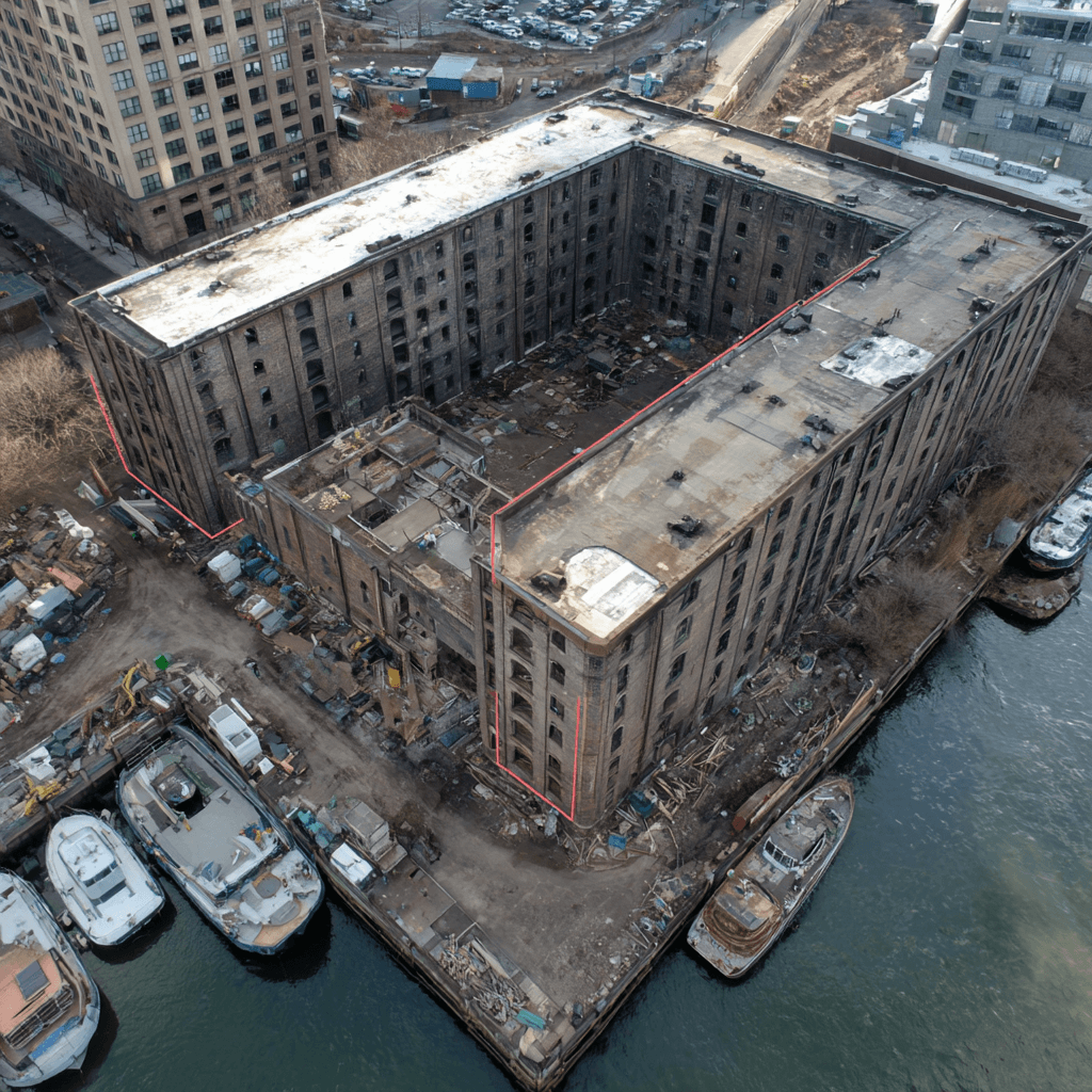 Aerial view of Empire Stores warehouse surrounded by East River on three sides, showing corrosion exposure zones and roof-level mechanical penetrations