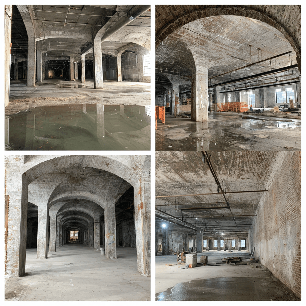 Interior warehouse arched bays with standing water on concrete floors, exposed iron drain pipes, and brick vaulted ceilings showing moisture intrusion from East River proximity