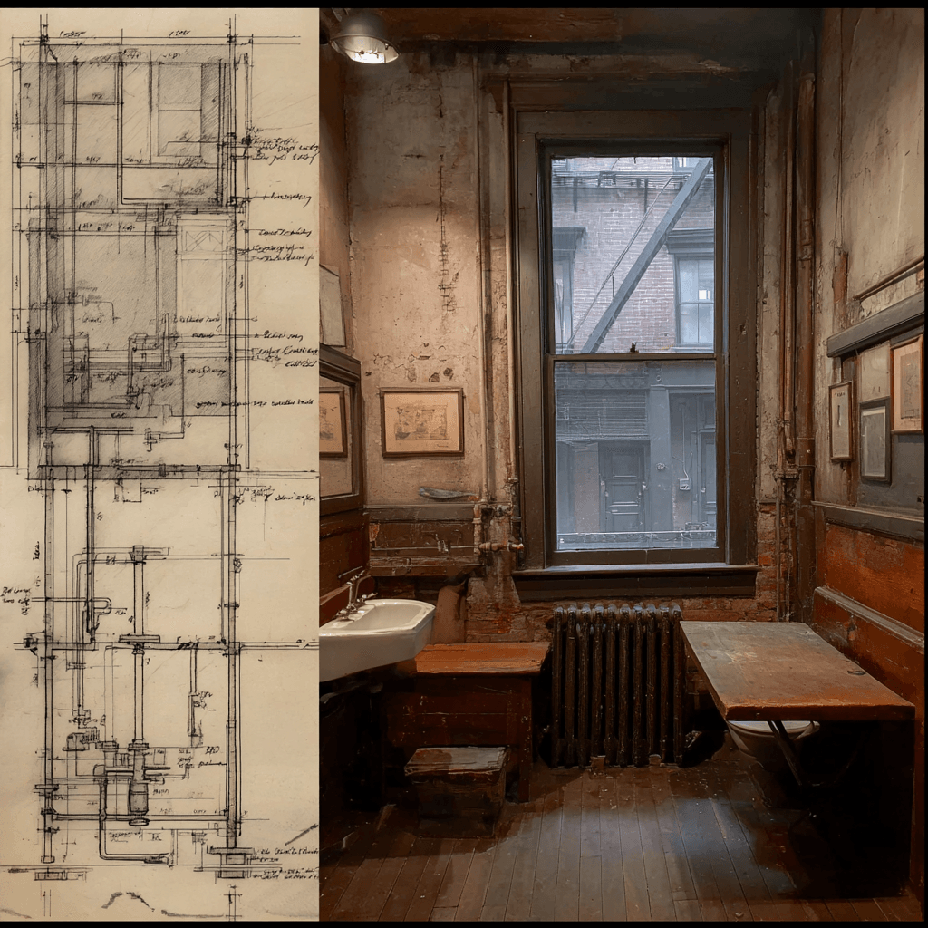 97 Orchard Street tenement cutaway showing 1860s rear courtyard with original plumbing risers, shared privy location, and modern copper overlay on pre-Civil War structure