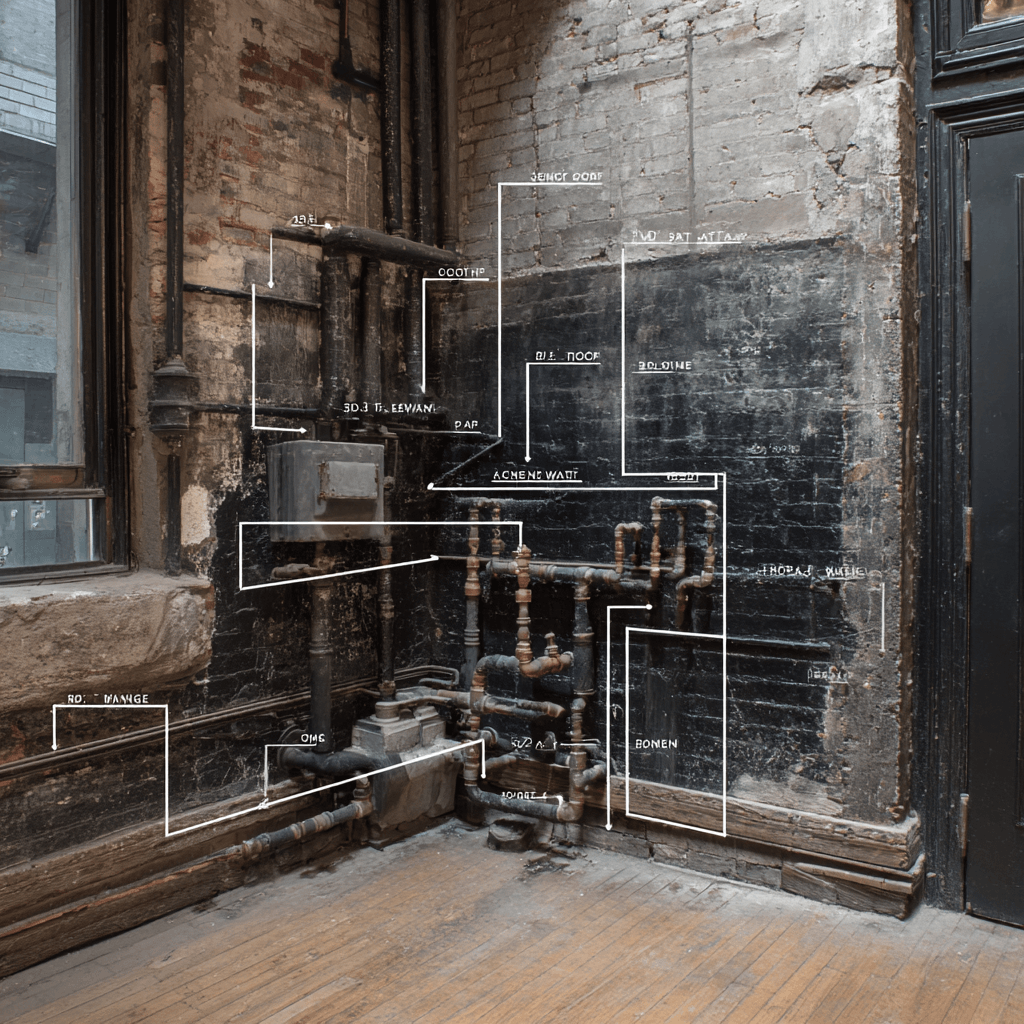 Split view of 1860s architectural plan alongside preserved tenement interior with cast iron radiator, exposed supply lines, and original wood floors