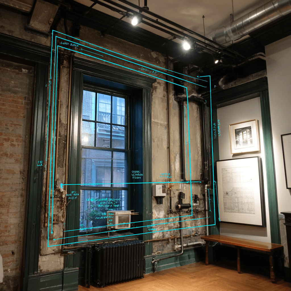 Annotated steam radiator and gas pipe junction in tenement corner showing water hammer pressure points, air vent positions, and commercial-to-residential rerouting
