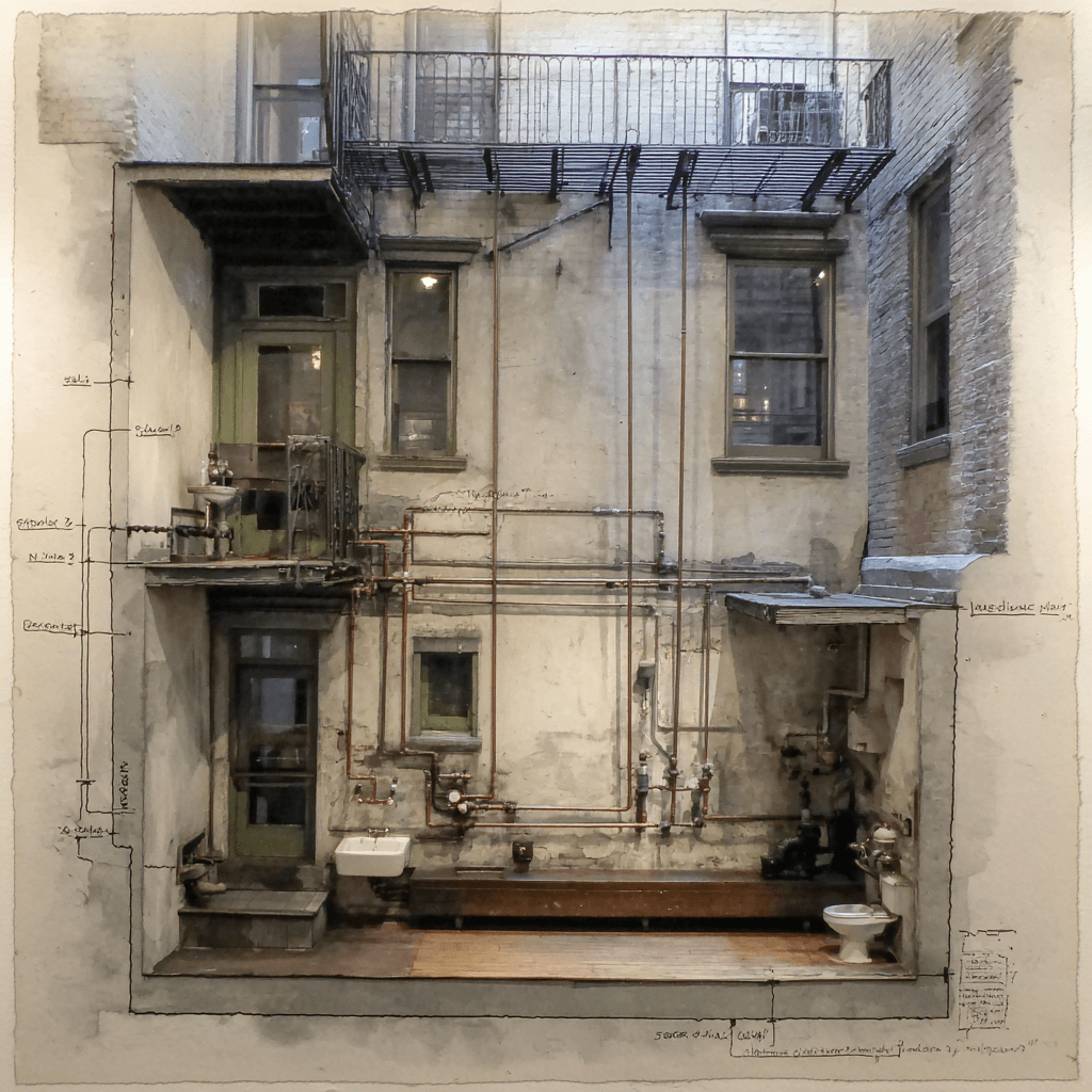 Museum gallery wall with exposed 1860s plumbing infrastructure overlaid with cyan diagnostic annotations showing steam pipe rerouting path and radiator air vent positions