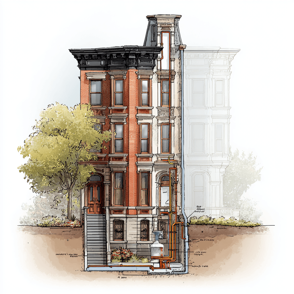 Single brownstone cutaway showing cast iron drain stack, copper supply lines, and steam riser path through three floors