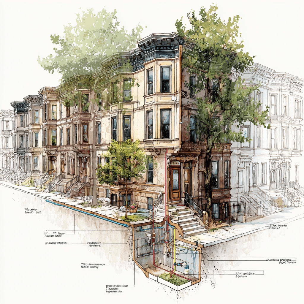 Brownstone row with exposed underground terracotta sewer lateral and root intrusion zone beneath the sidewalk