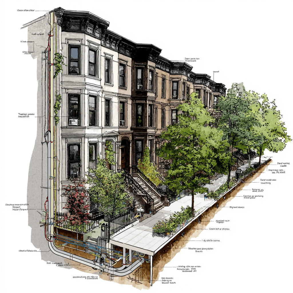 Wide view of Park Slope brownstone row showing street-level plumbing infrastructure and galvanized-to-copper transition points