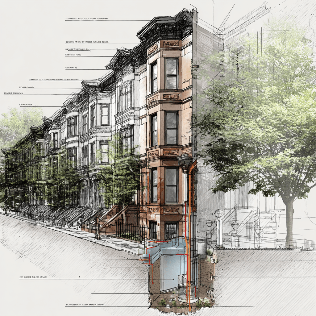 Bay window brownstone section drawing with annotated radiator pitch angles and steam heating system path