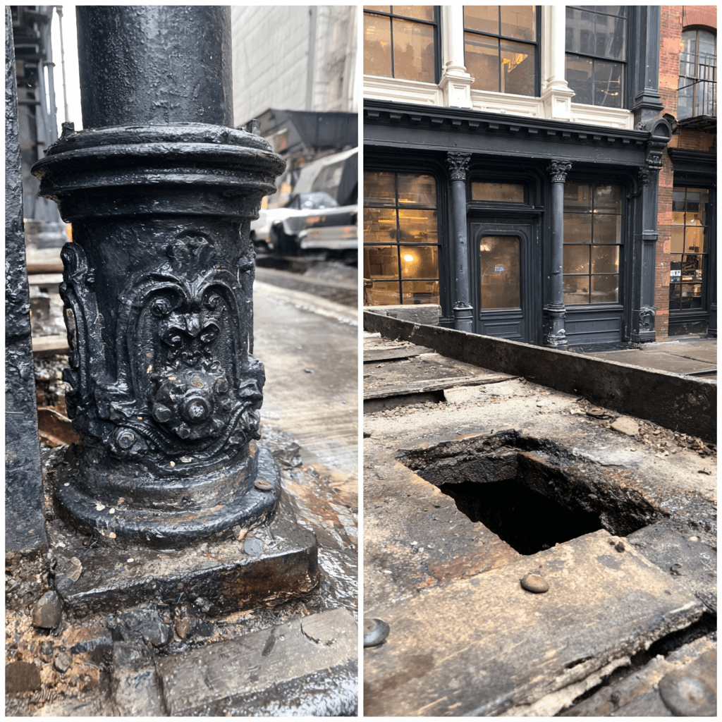 Ornamental cast iron facade column base alongside original industrial floor drain opening cut through heavy timber subflooring at 28 Greene Street