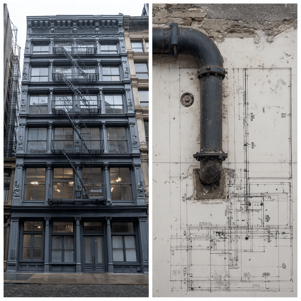 28 Greene Street full cast iron facade with fire escapes, paired with interior cast iron drain stack elbow and architectural floor plan overlay showing 50ft pipe run routing