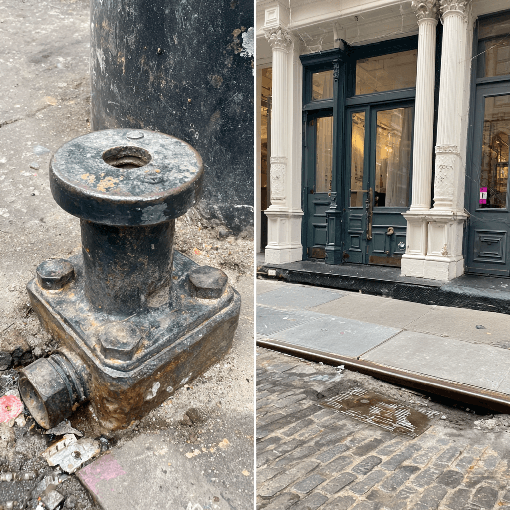 Corroded bronze standpipe valve at sidewalk level with cobblestone Belgian block, next to SoHo cast iron storefront showing original industrial sewer access beneath the curb
