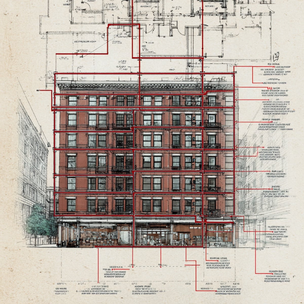 Flood risk cascade diagram for below-grade TriBeCa townhouse showing Hudson River proximity, combined sewer overflow points, and backwater valve placement