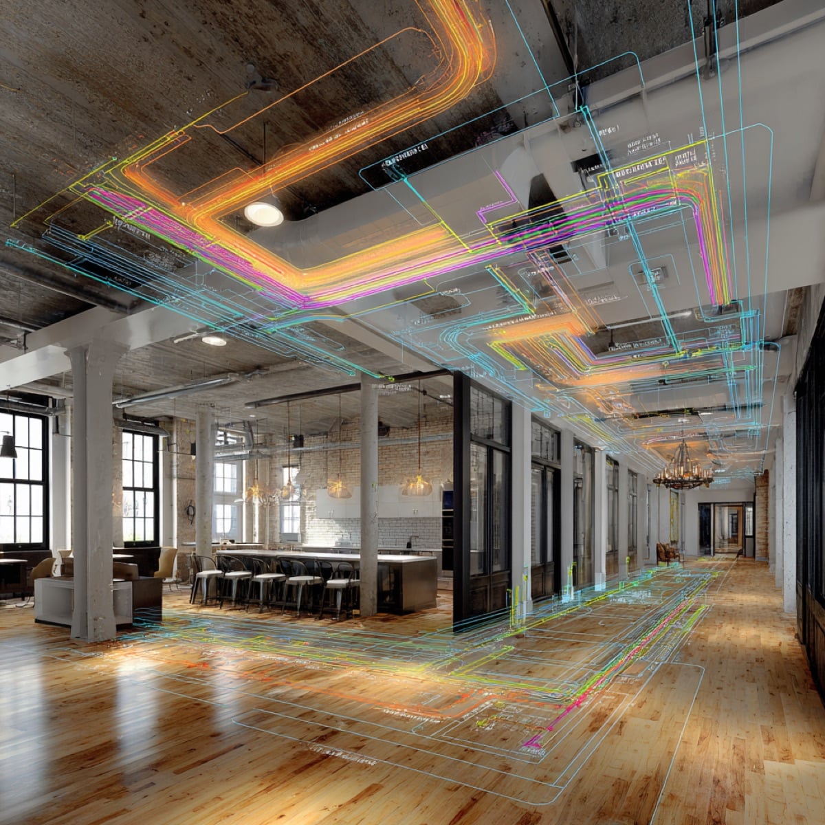 Radiant heating zone map of Fleming Smith townhouse with per-floor manifold layout, supply/return loops, and thermostatic mixing valve positions