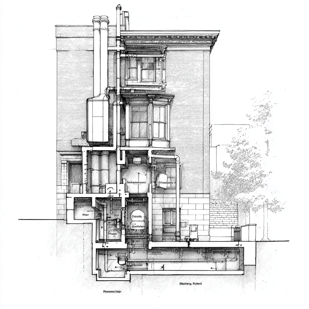 Upper East Side limestone townhouse facade with annotated riser entry points and concealed vent stack routing behind the cornice
