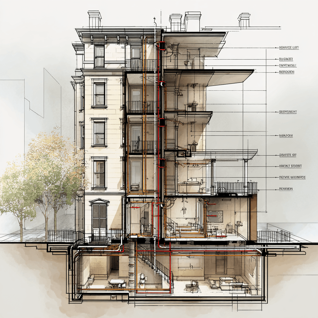 Four-story townhouse section drawing showing full riser replacement path, radiant floor zones, and steam-to-hot-water conversion layout