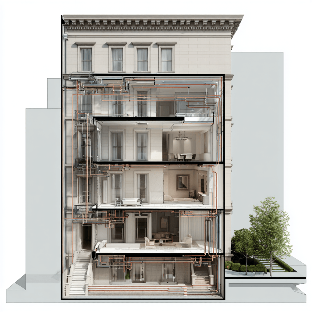 High-end bathroom rough-in with premium fixture blocking, non-standard Waterworks valve placement, and concealed supply routing behind marble walls