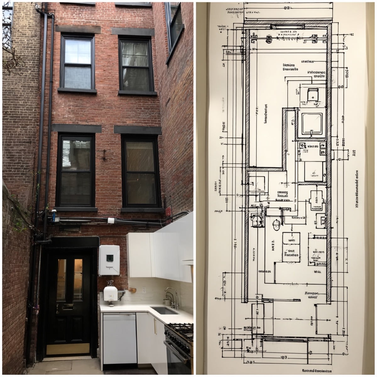 Compact kitchen plumbing layout inside the narrowest house in NYC showing space-constrained supply lines, miniature trap assembly, and wall-mounted fixtures