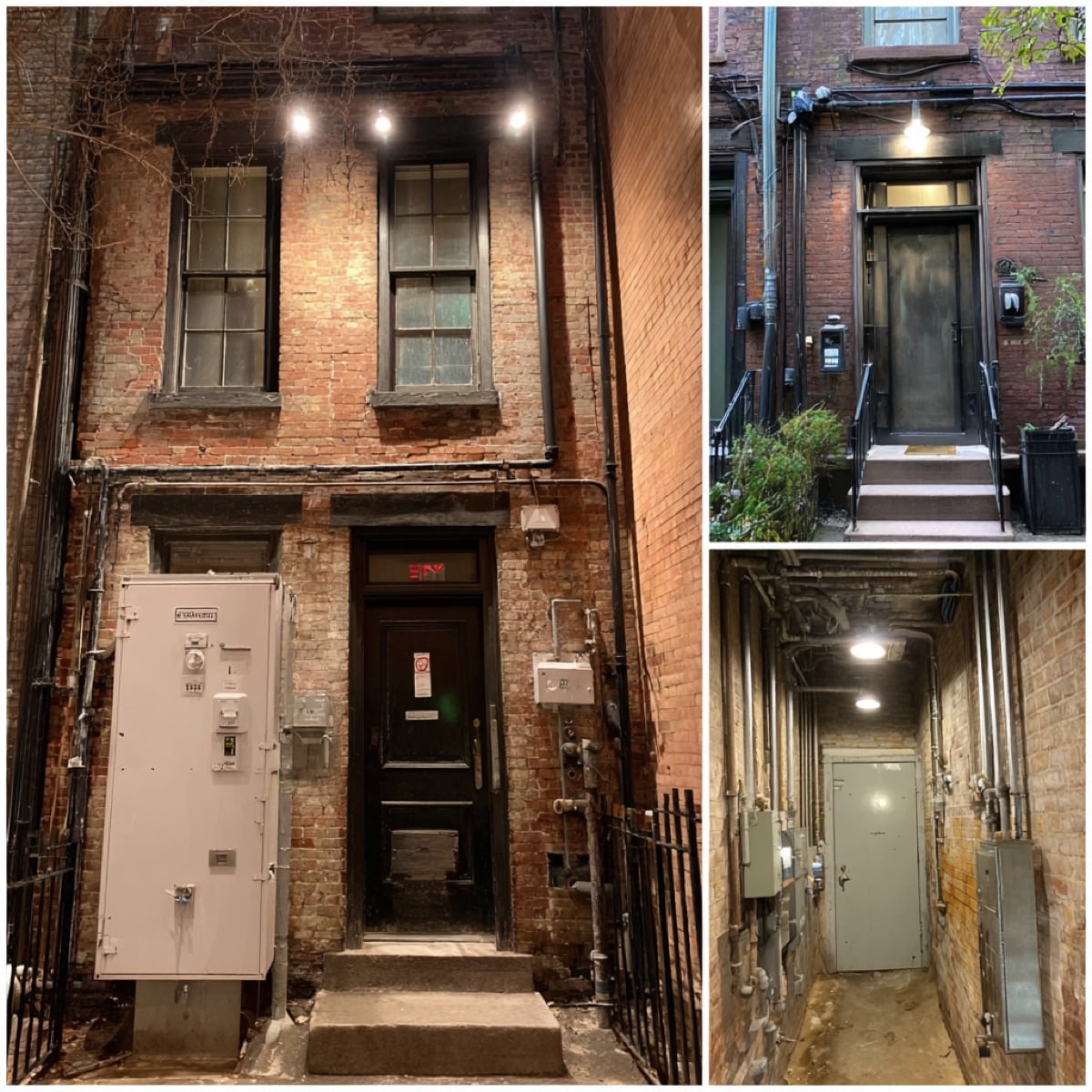 Bedford Street narrow facade with exposed riser pipes showing how plumbing navigates the 9.5-foot-wide building envelope in the West Village