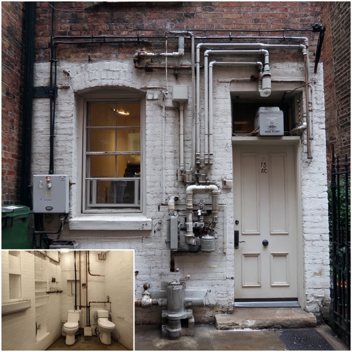 Exterior view of 75½ Bedford Street with annotated vent stack routing through the narrow roofline and gas service entry point at sidewalk level