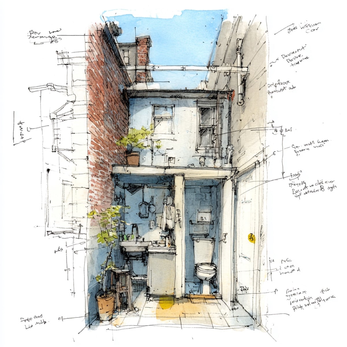 Watercolor architectural section drawing of Bedford Street house showing full plumbing stack in 9.5-foot width constraint with shared-wall drain routing