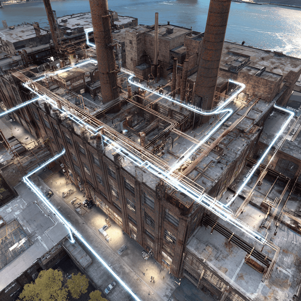 Aerial view of the Domino Sugar Factory with neon-highlighted pipe routing across the industrial rooftop