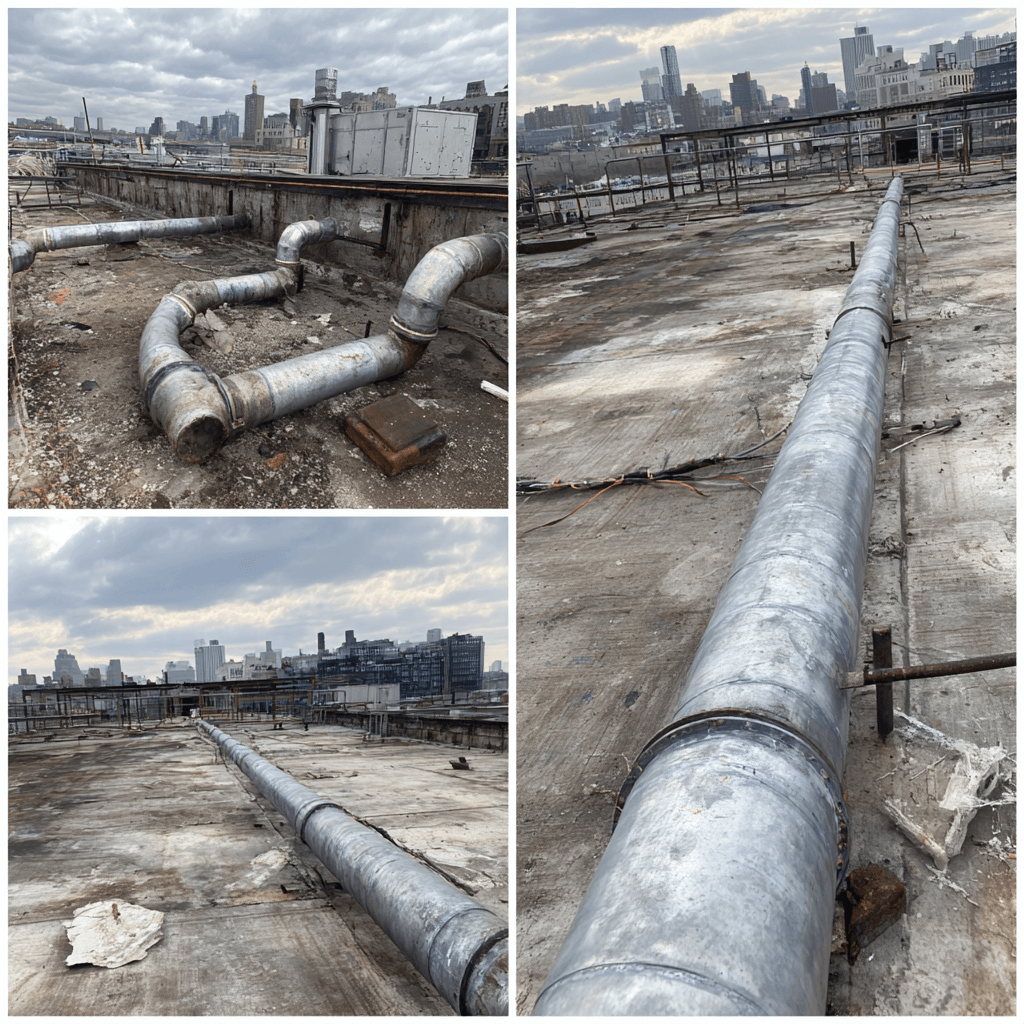 Rooftop galvanized vent pipes and long industrial drain runs spanning 40-60 feet across the factory roof