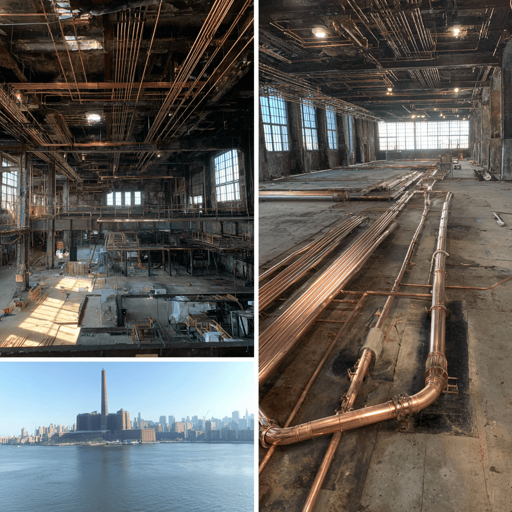 Interior of the factory showing new copper supply lines overlaid on original warehouse structure with floor drain conversion points