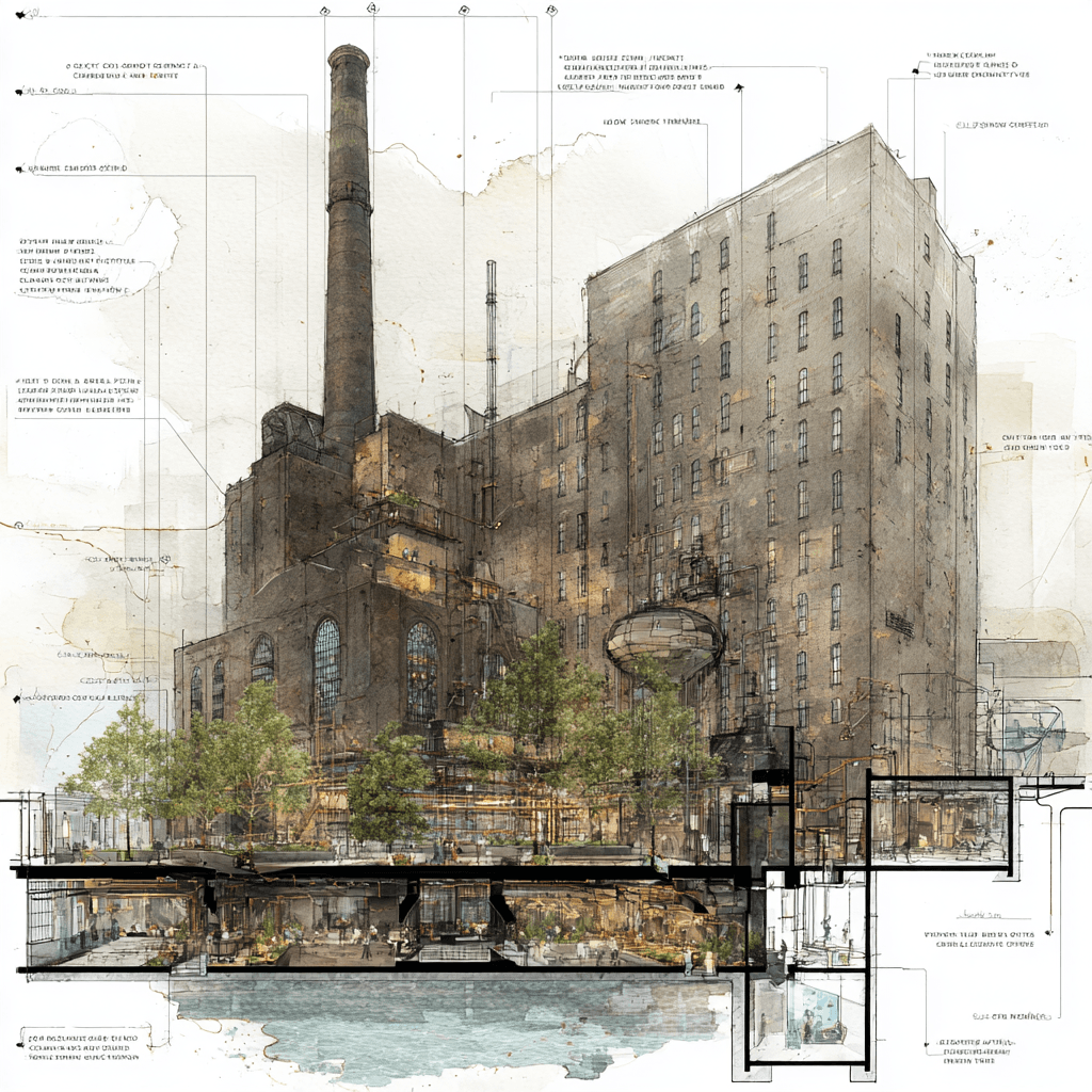 Architectural section drawing of the Domino Sugar Factory conversion showing industrial drain repurposed for residential and vent stack routing through industrial roof