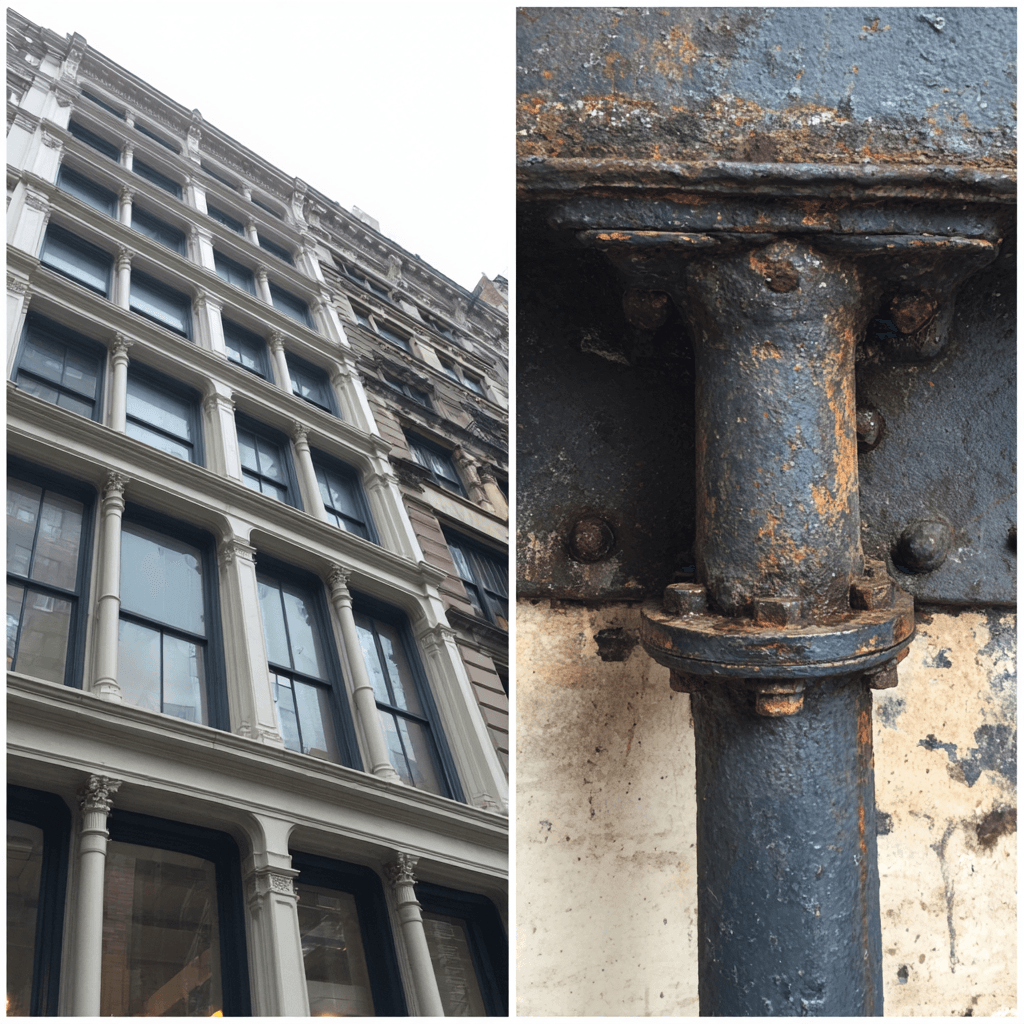 White cast iron facade columns with Corinthian capitals alongside close-up of bolted cast iron drain pipe hub joint showing 150 years of corrosion and lead-caulked oakum seal